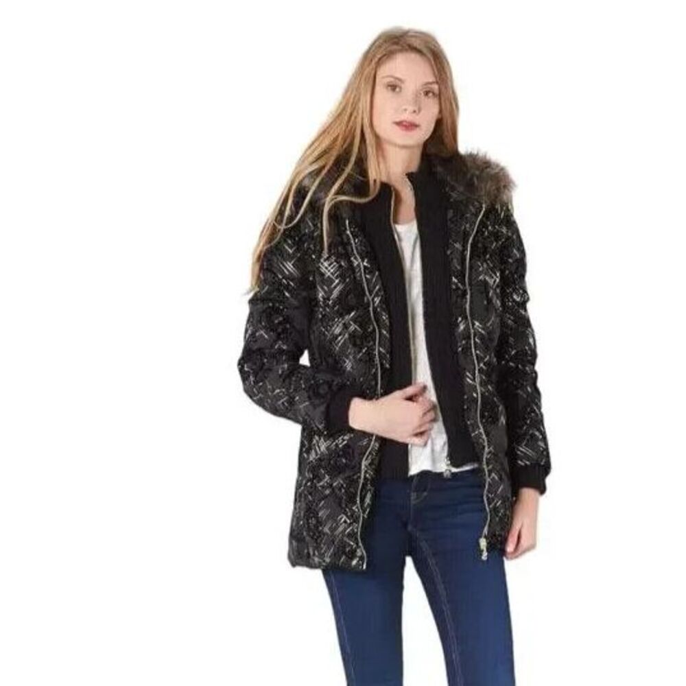 Desigual Womens Parka‎ Black Gold Puffy Sweater Inset Hooded Faux Fur Size 6 NWT